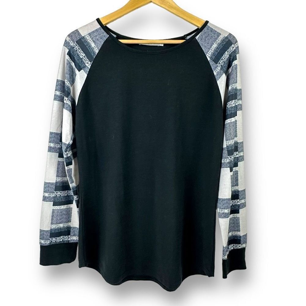 Harhay Women's Size L Long Sleeve Colorblock Pullover Black With Checker Plaid
